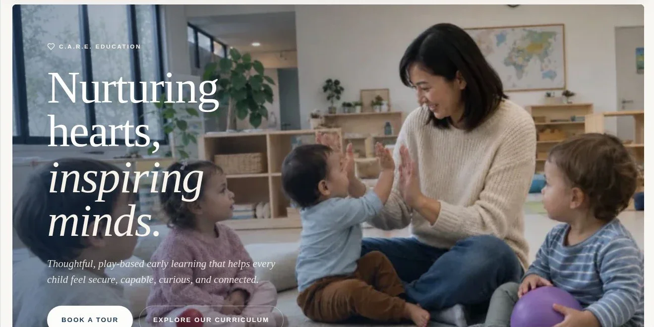 Mommy Goose Child Care 网站首页首屏的桌面宽度效果：大号衬线标题“Nurturing hearts, inspiring minds.”，背景是一位老师和三个幼儿的照片，下方有两个按钮。