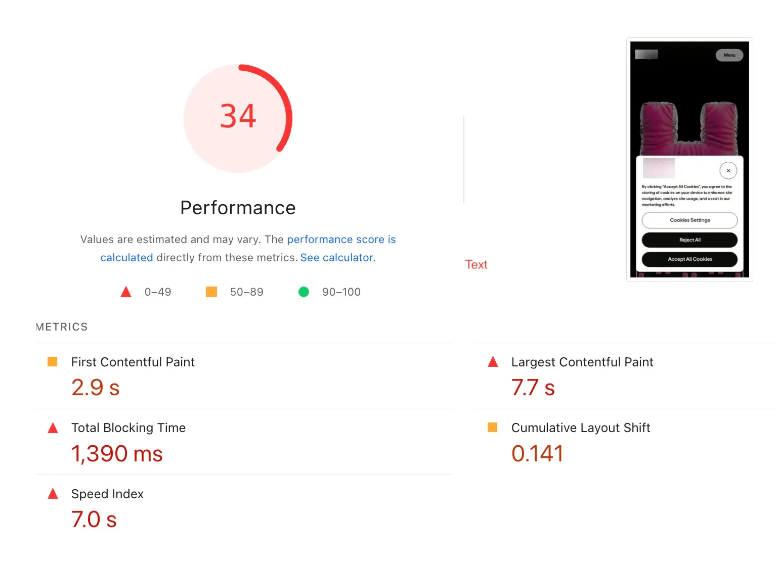 该网站移动端的 PageSpeed 测试截图，Performance 34，LCP 7.7 秒，Total Blocking Time 1390 毫秒。